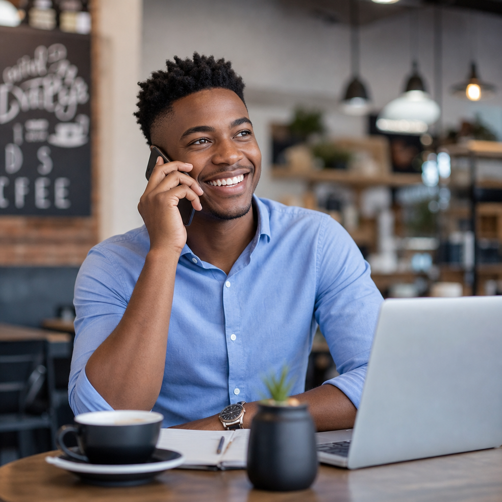 Happy entrepreneur talking on the phone with DialUp